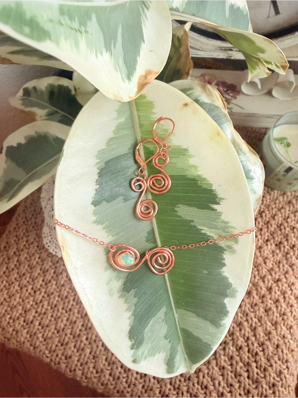 Handcrafted Copper Spiral Necklace and Earrings Set with Opal Accent - Copper